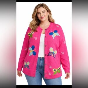 Quacker Factory Pink Butterfly Appliqué Cardigan 1X Textured Yarn Details